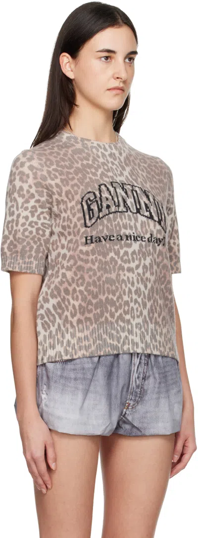 Ganni Leopard Wool T-shirt In Brown
