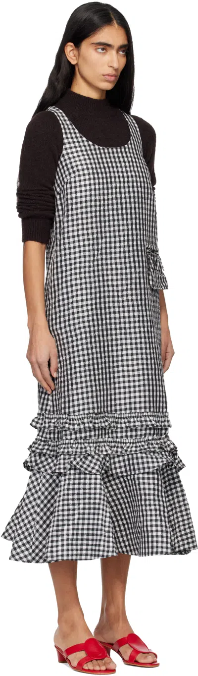 Ganni Black & White Crinkled Check Midi Dress In Black