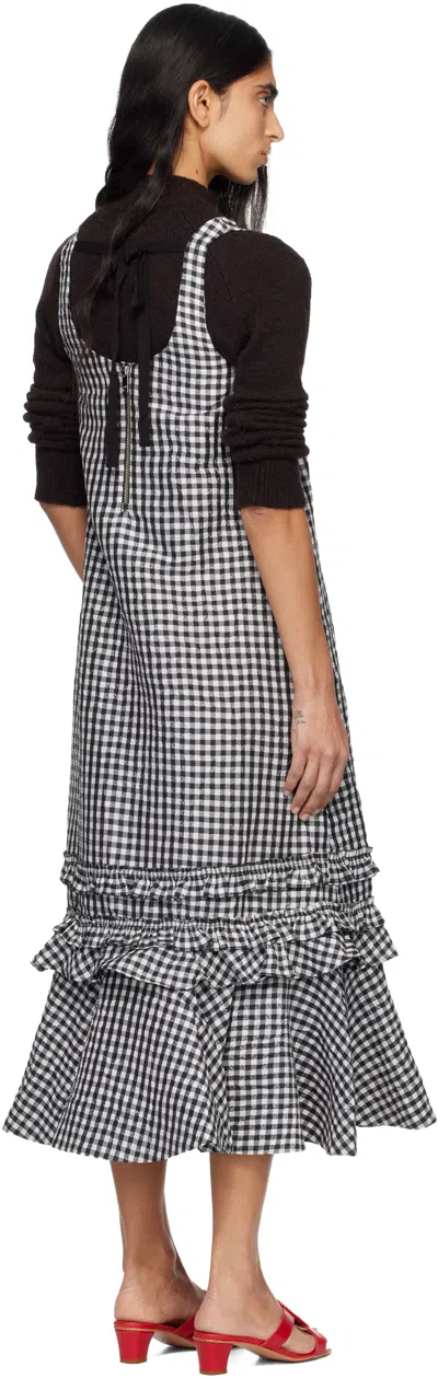 Ganni Black & White Crinkled Check Midi Dress In Black