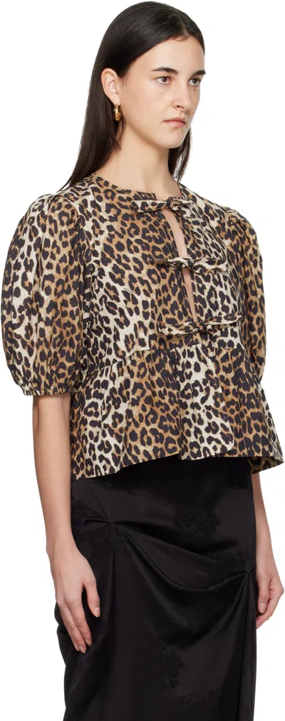 Ganni Tan Leopard Cotton Poplin Peplum Tie Blouse In Black