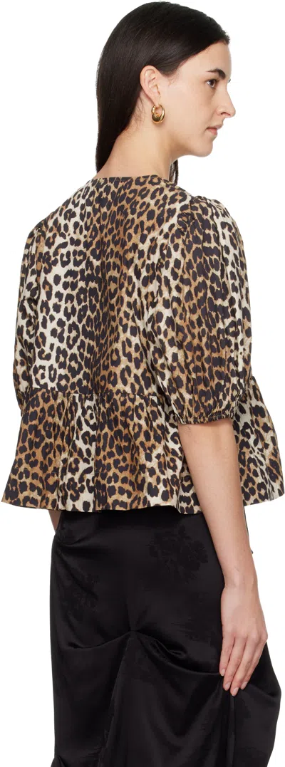 Ganni Tan Leopard Cotton Poplin Peplum Tie Blouse In Black