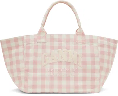 Ganni Pink & White Vichy Check Xxl Tote In Black