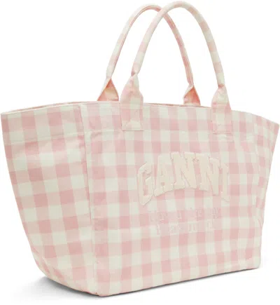 Ganni Pink & White Vichy Check Xxl Tote In Black