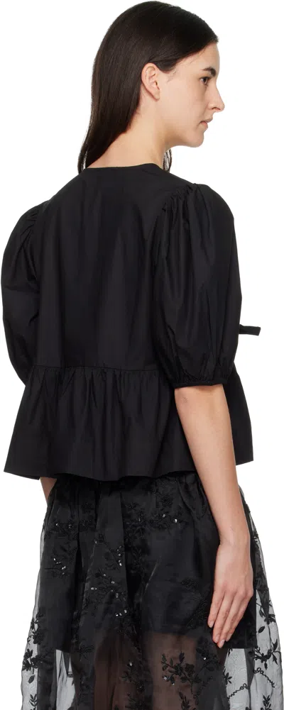 Ganni Poplin Front-tie Peplum Blouse With Puffed-sleeves In Black