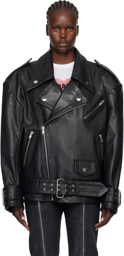Vaquera Black Oversized Moto Leather Jacket In Black