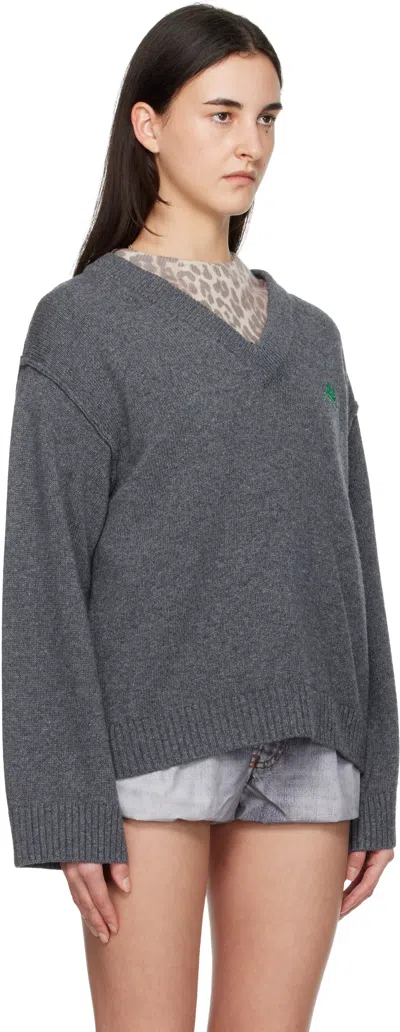 Ganni Gray Wool Mix V-neck Sweater In Gray