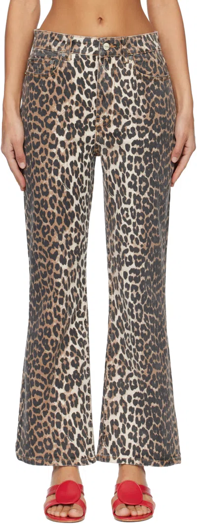 Ganni Wide-leg Animal Print High-rise Jeans With Belt Loops In Gray