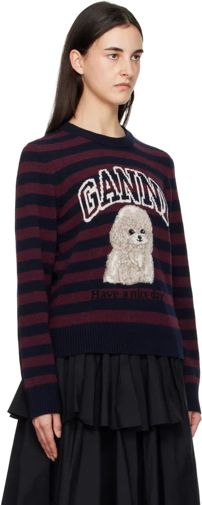 Ganni Burgundy Graphic Wool Mix Poodle Stripe Sweater In Red