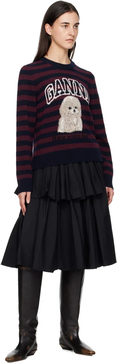 Ganni Burgundy Graphic Wool Mix Poodle Stripe Sweater In Red