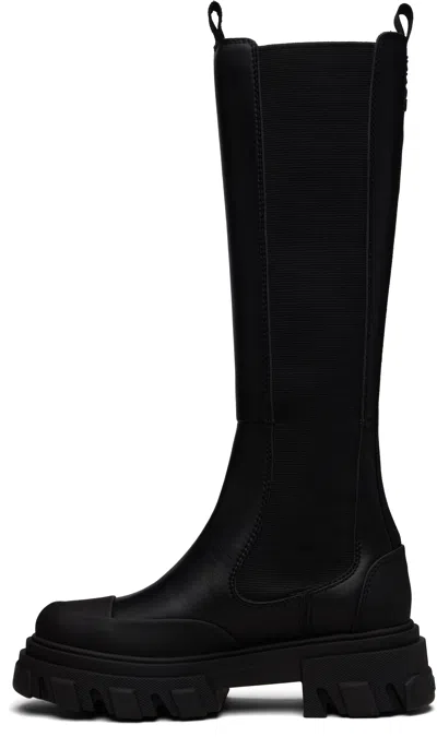 Ganni Black Cleated Tall Chelsea Boots In Black