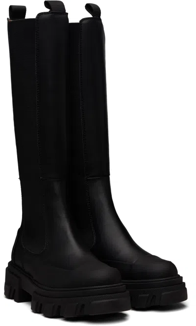 Ganni Black Cleated Tall Chelsea Boots In Black