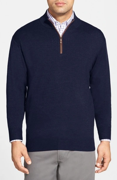 Peter Millar Leather Trim Quarter Zip Pullover Sweater In Navy
