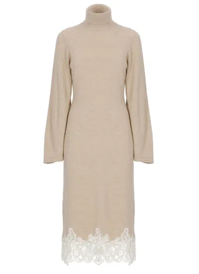 Fabiana Filippi Roll-neck Lace-trim Dress In Brown