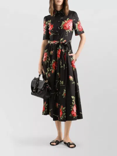 Dolce & Gabbana Belted Gathered Floral-print Cotton-poplin Midi Dress In Black