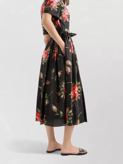 Dolce & Gabbana Belted Gathered Floral-print Cotton-poplin Midi Dress In Black