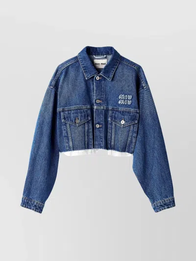 Miu Miu Cropped Blouson With Chest Pockets And Frayed Hem In Blue