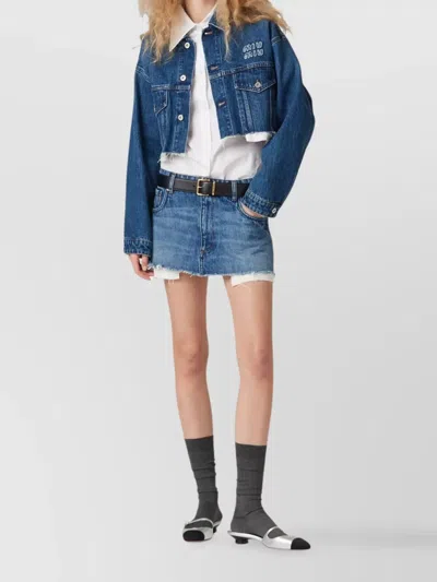 Miu Miu Cropped Blouson With Chest Pockets And Frayed Hem In Blue