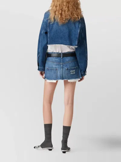 Miu Miu Cropped Blouson With Chest Pockets And Frayed Hem In Blue