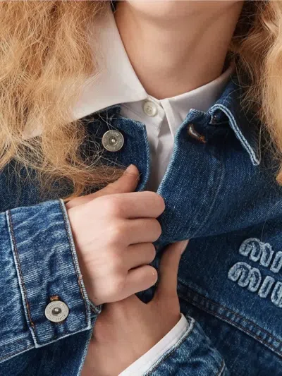 Miu Miu Cropped Blouson With Chest Pockets And Frayed Hem In Blue