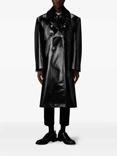 Thom Browne Double-breasted Leather Coat In Black