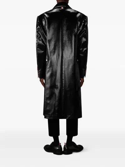 Thom Browne Double-breasted Leather Coat In Black