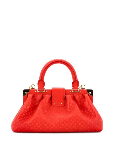 Pre-owned Louis Vuitton Top Handle Frame Clutch Nanogram Embossed Leather Satchel In Red