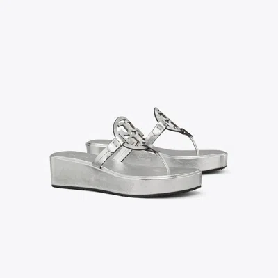 Tory Burch Miller Metallic Logo Wedge Thong Sandals In Silver
