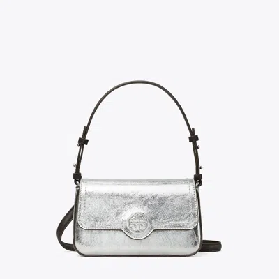 Tory Burch Felix Metallic Mini Flap Shoulder Bag In Silver