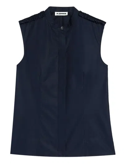Jil Sander Ruffled Collarless Shirt In Blue
