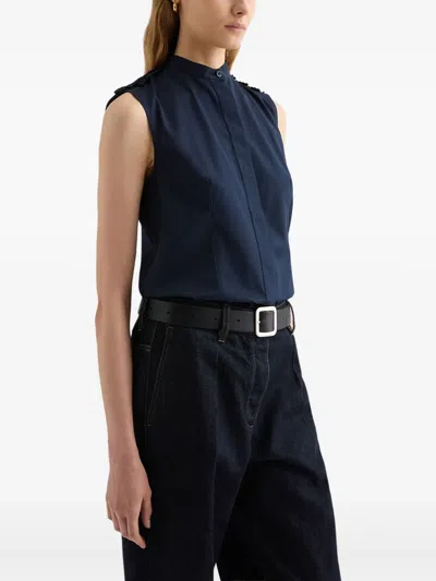 Jil Sander Ruffled Collarless Shirt In Blue