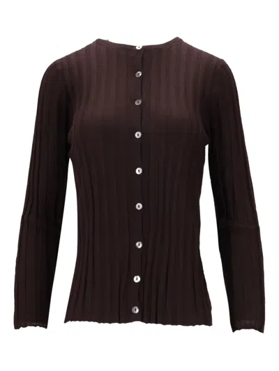La Rose Ribbed Button Cardigan In Brown