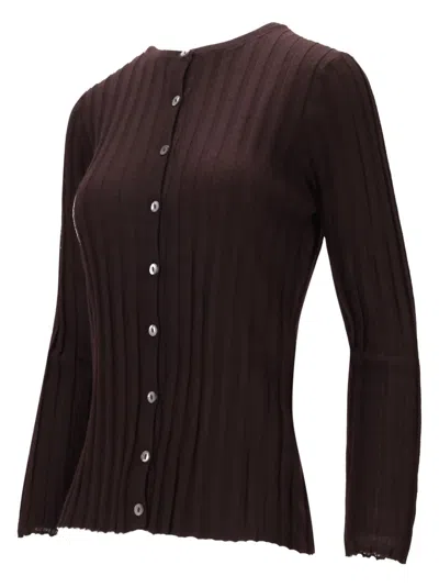 La Rose Ribbed Button Cardigan In Brown