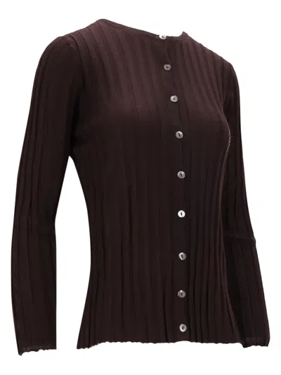 La Rose Ribbed Button Cardigan In Brown