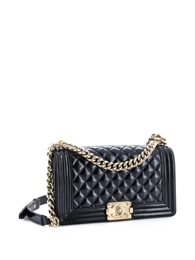 Pre-owned Chanel Boy Flap Bag Quilted Iridescent Glazed Calfskin Old Medium Shoulder Bag In Black