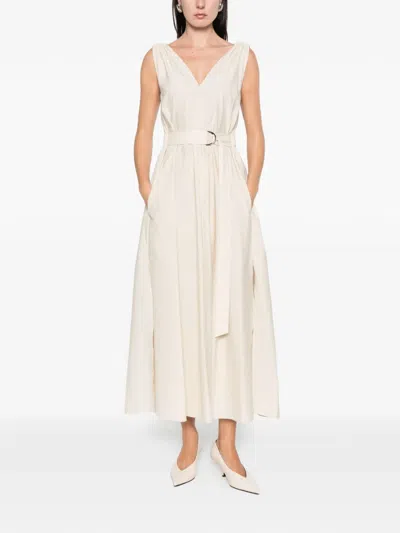 Brunello Cucinelli Belted V-neck Midi Dress In Neutral