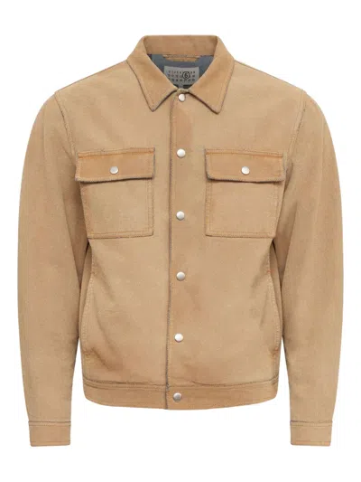 Mm6 Maison Margiela Flock Denim Trucker Jacket Sand In Brown