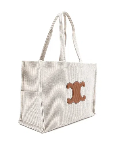 Pre-owned Celine Cabas Thais Triomphe Striped Canvas Large Tote Bag In Neutral