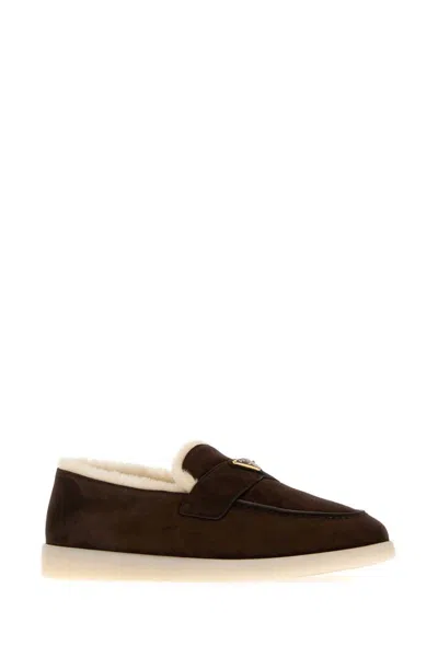 Prada Suede Shearling Loafers In Brown