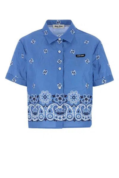 Miu Miu Printed Slubbed Poplin Shirt Clothing In Blue
