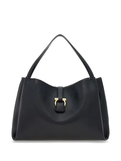 Ferragamo Buckle Double Handles Shoulder Bag In Black