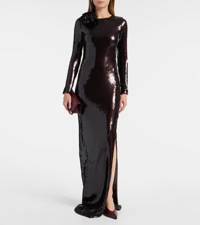 Rodarte Floral-appliqué Sequined Gown In Black