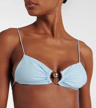 Christopher Esber Ring-detail Ruched Bikini Top In Blue