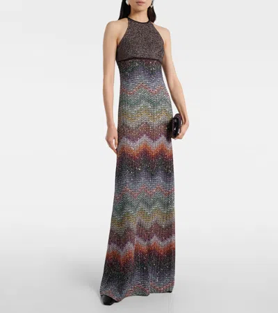 Missoni Long Halter-neck Dress In A Greek-style Zigzag Knit With Sequins Clothing In Multi
