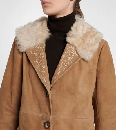 Rixo London Cienna Embroidered Suede Coat In Brown