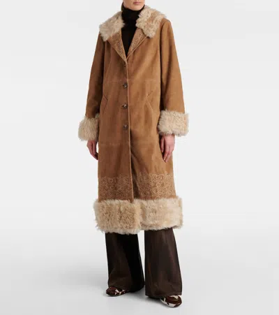 Rixo London Cienna Embroidered Suede Coat In Brown