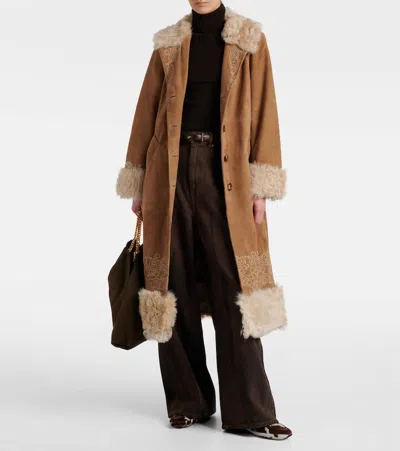 Rixo London Cienna Embroidered Suede Coat In Brown