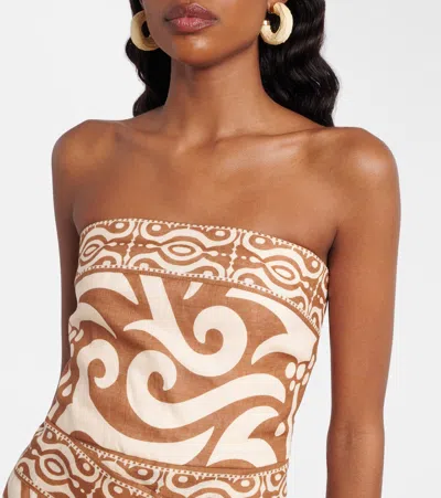 Johanna Ortiz Raiz Ritual Strapless Printed Linen Mini Dress In Brown