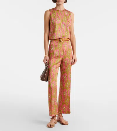 Etro Paisley Foliage Trousers Contrasting Waistband Straight Leg In Multi