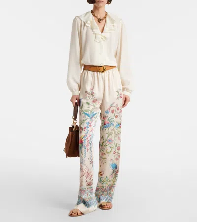 Etro Women White Pants With Elastic Drawstring Waist And All-over Floral Print In Tech Fabric Woman In Multi