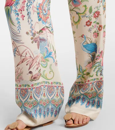 Etro Women White Pants With Elastic Drawstring Waist And All-over Floral Print In Tech Fabric Woman In Multi